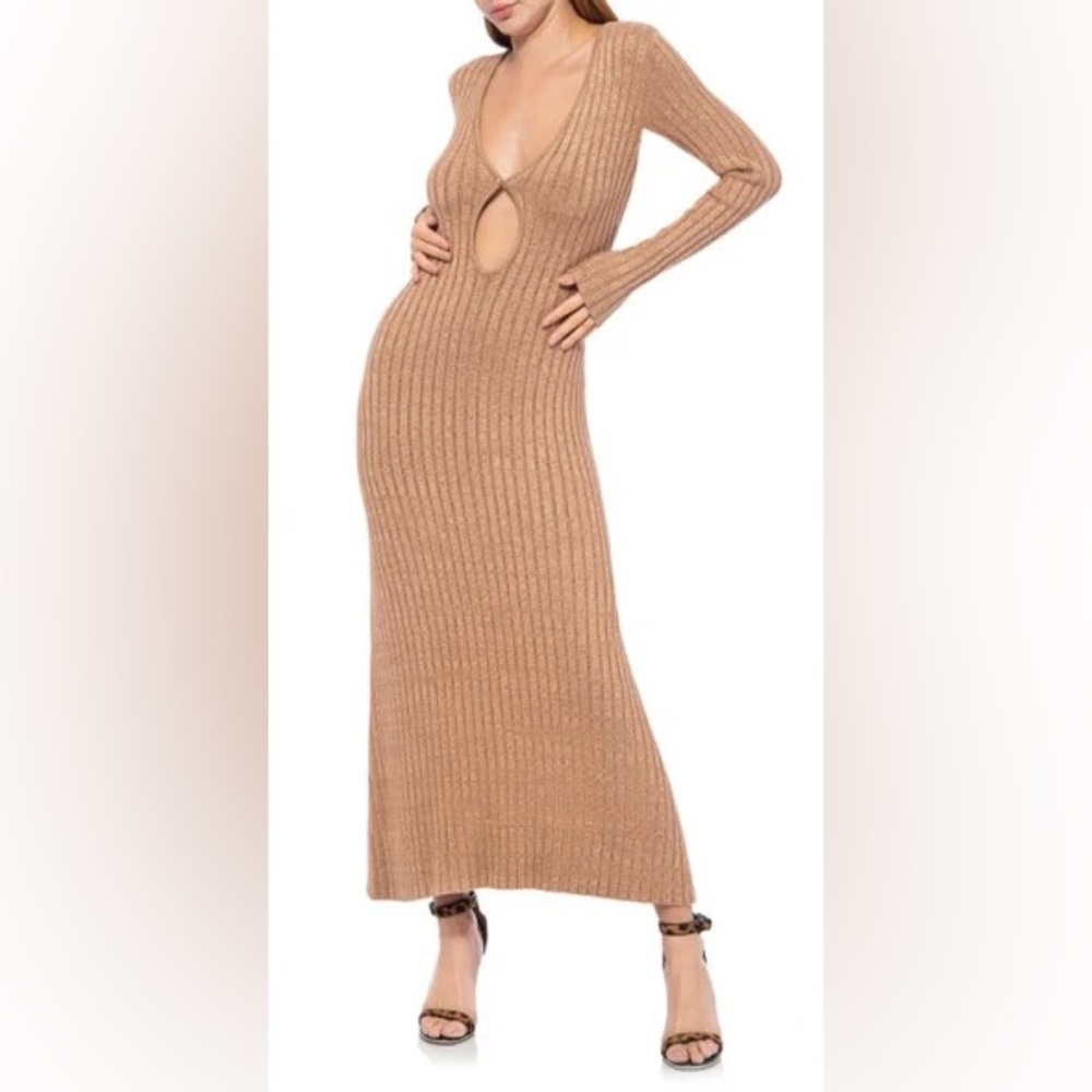 AFRM Java Long Sleeve Rib Sweater Dress in Marled Tan
